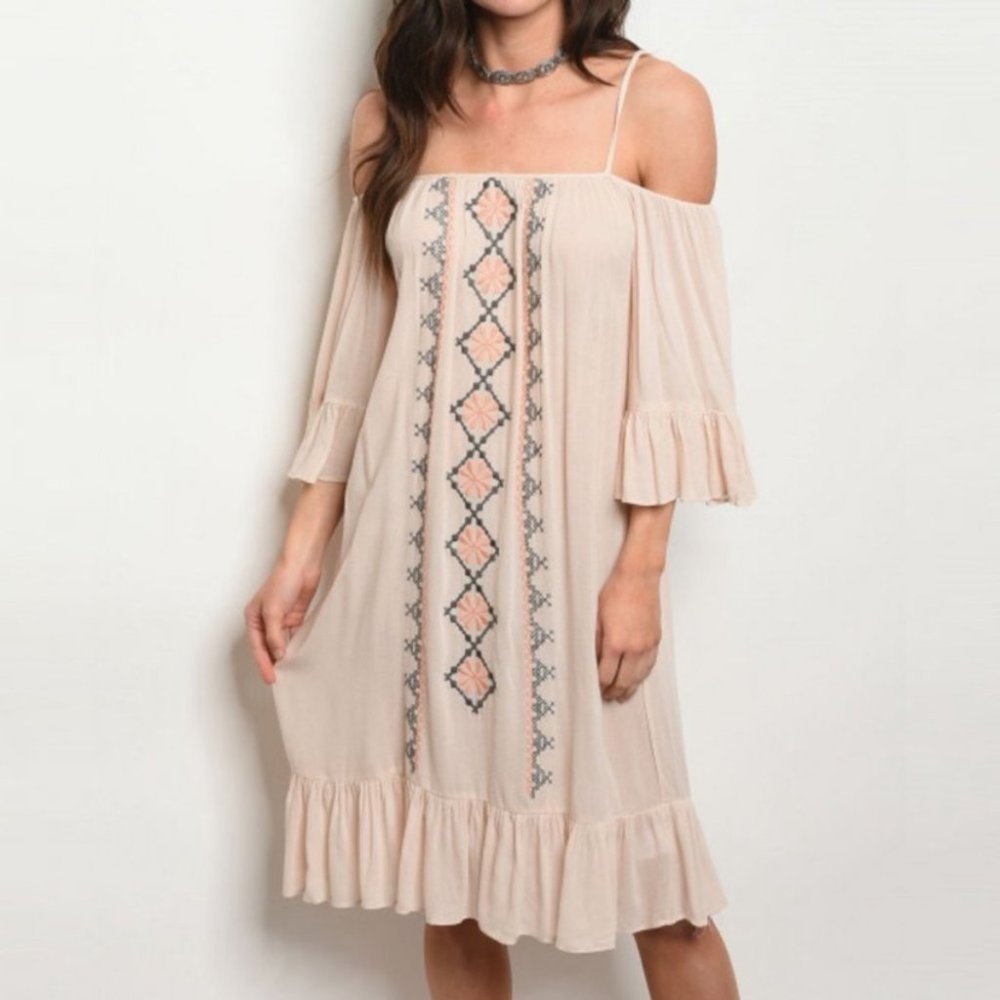 SOLD*Taupe boho tribal tunic cold shoulder dress